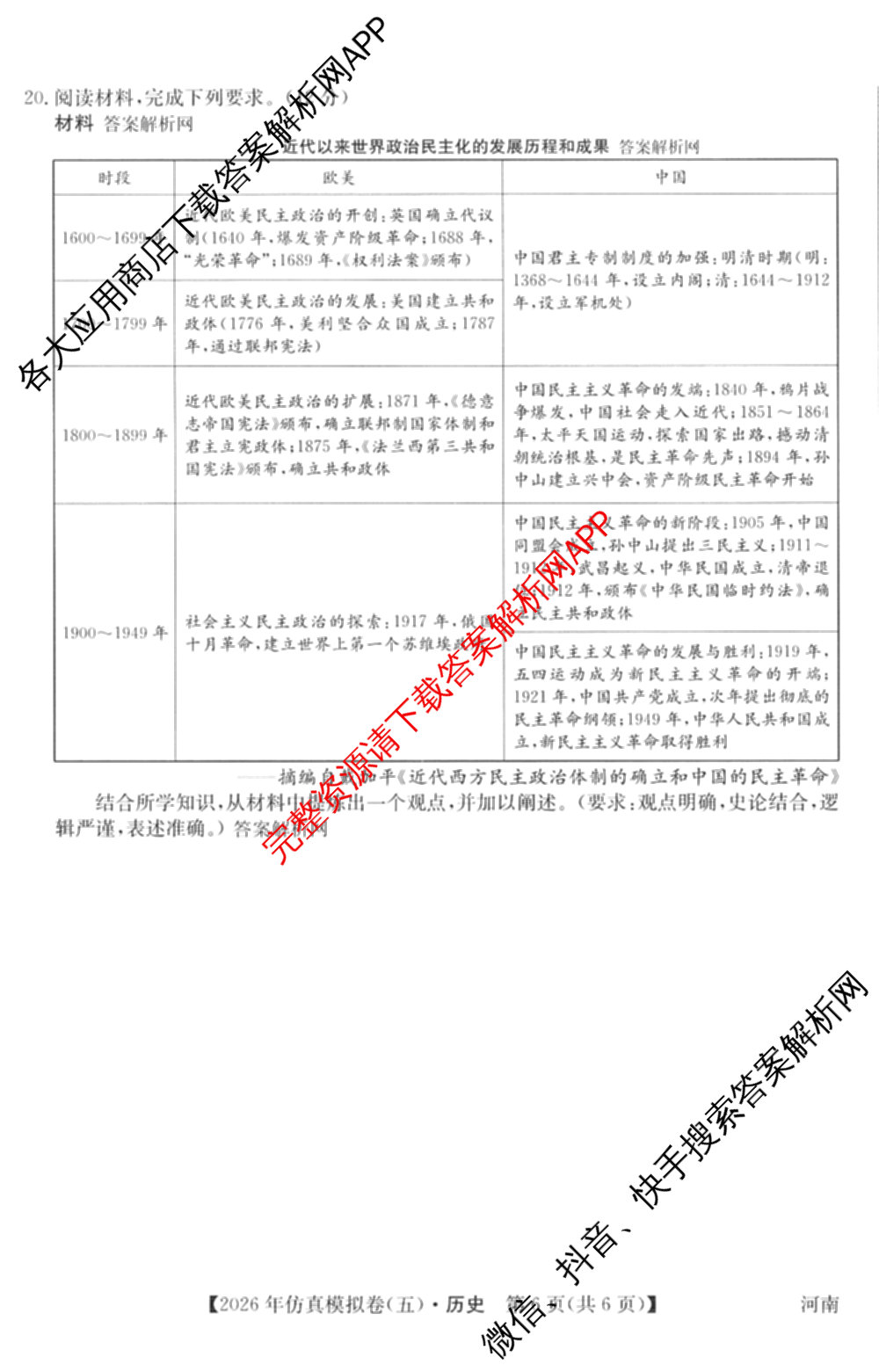 2026年全国高考仿真模拟卷(五)5各科答案及试卷（含物理(湖北)、生物(E3)、政治(E2)等）历史试题
