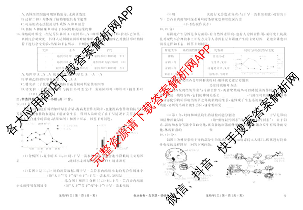 衡水金卷先享题调研卷2026年普通高等学校招生全国统一考试模拟试题(三)3各科答案及试卷(已更新化学(山东专版)、历史(HN)、文综(新教材)等91份)生物试题