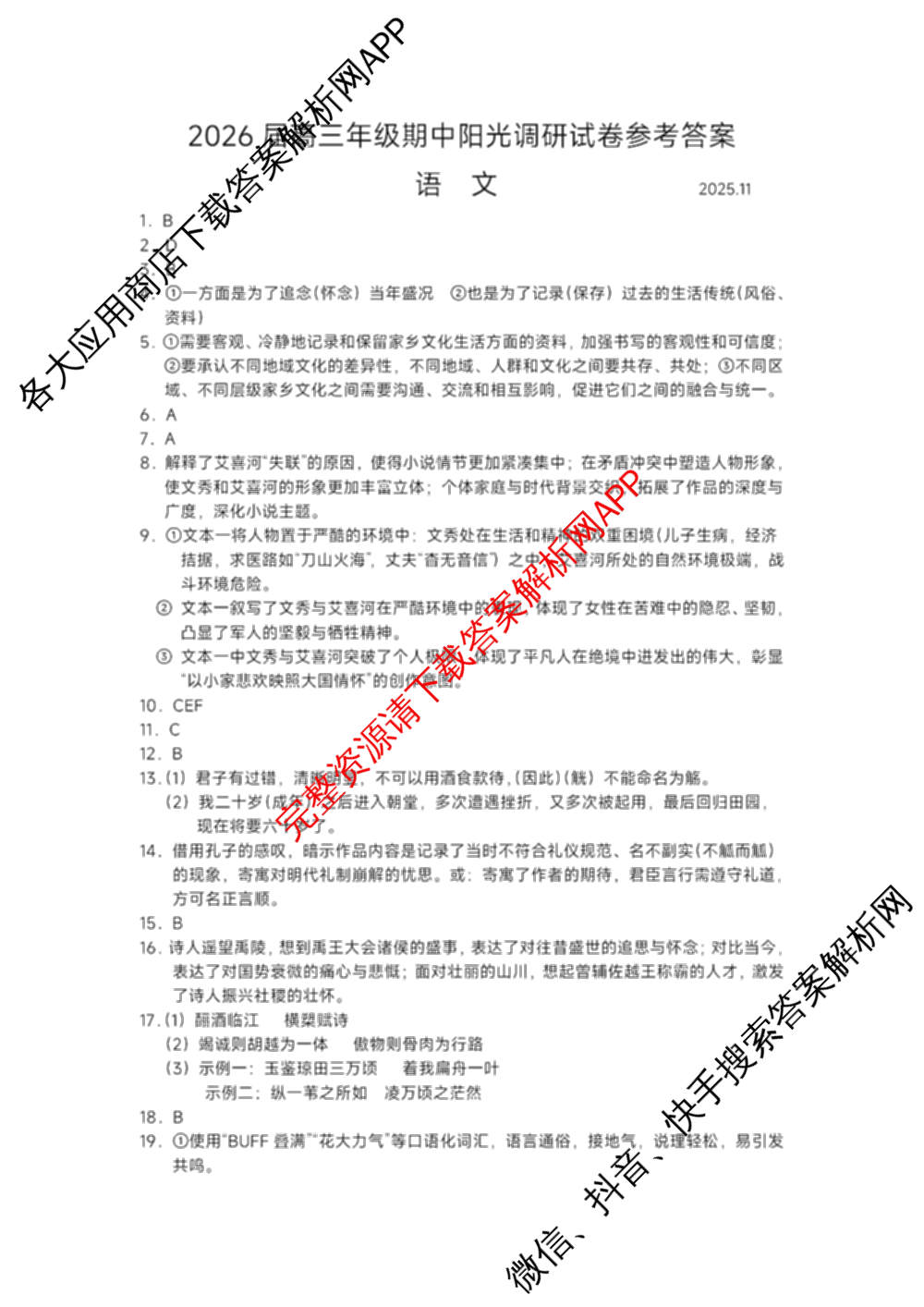 江苏省2026届高三年级期中阳光调研试卷(2025.11)（含化学、政治、物理等）语文答案