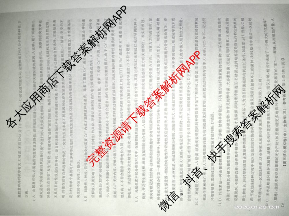 九师联盟2025~2026学年高三核心模拟卷(中)(三)3试卷及答案汇总: 含历史(B)、历史(D2)、物理(A1)试卷解析生物答案