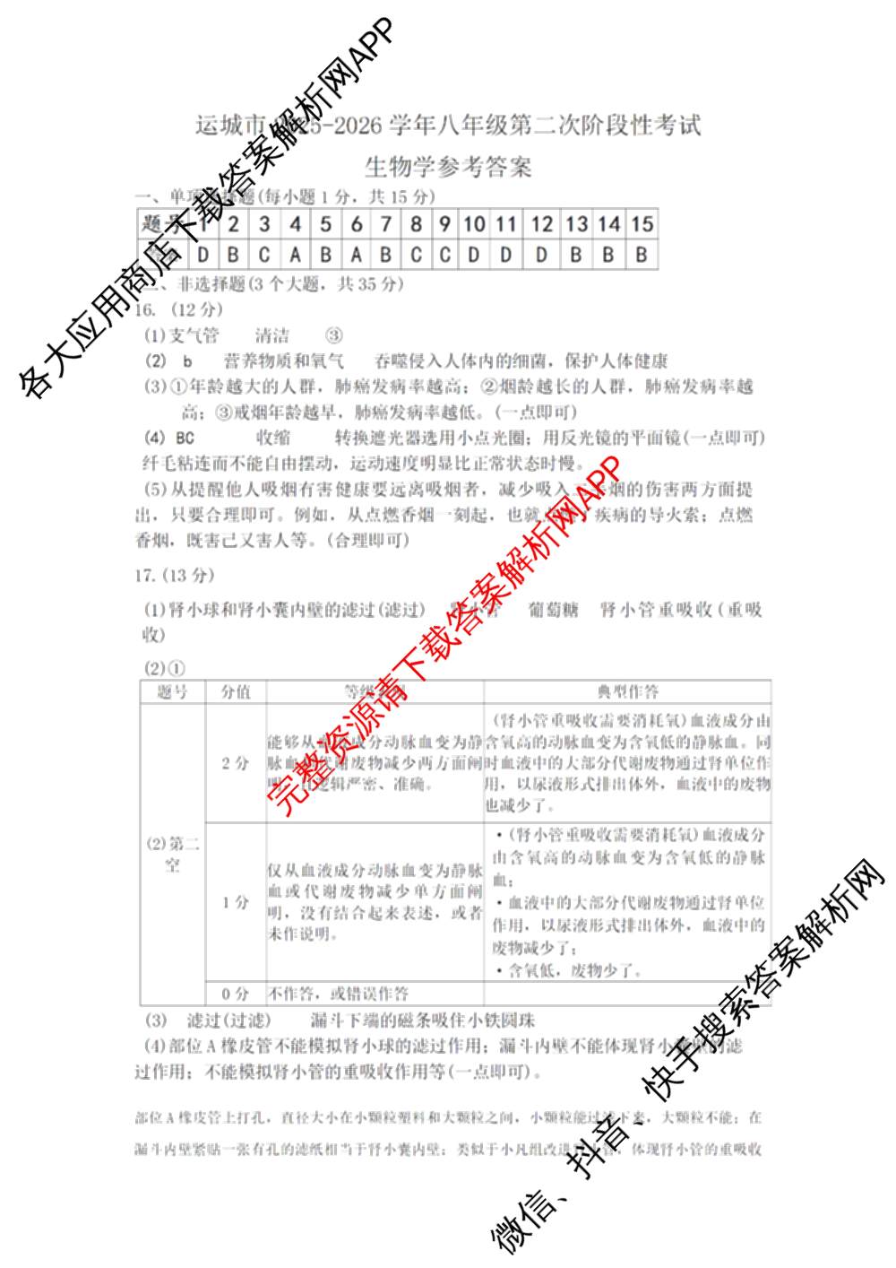 运城市2025~2026学年八年级第二次阶段性考试试卷及答案汇总(已更新物理 地理 生物等8份)生物答案