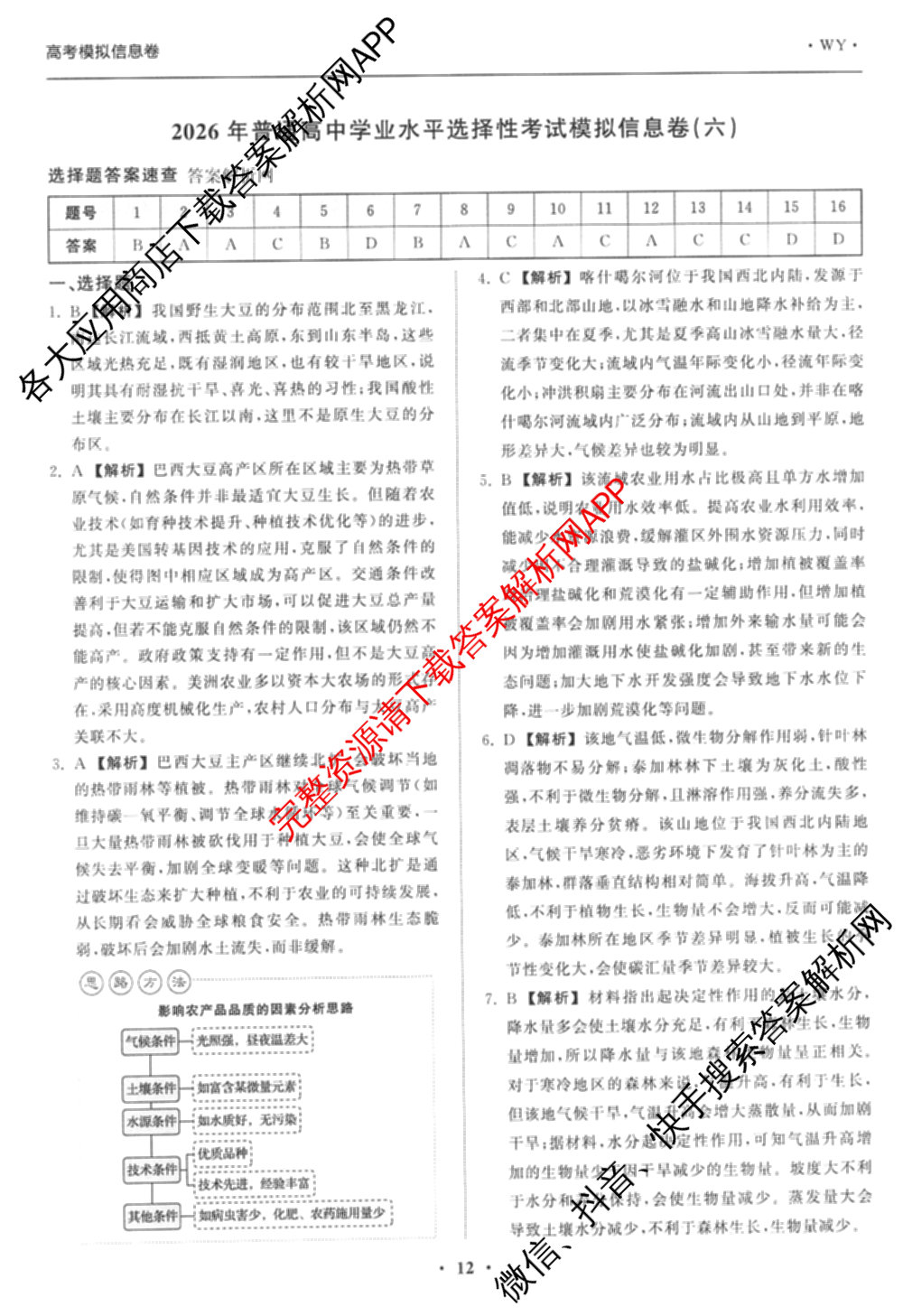 天舟高考衡中同卷2026年普通高等学校招生全国统一考试模拟信息卷(六)6试卷及答案汇总: 含化学(山东版) 英语(通用版) 生物(WY)试卷解析地理答案