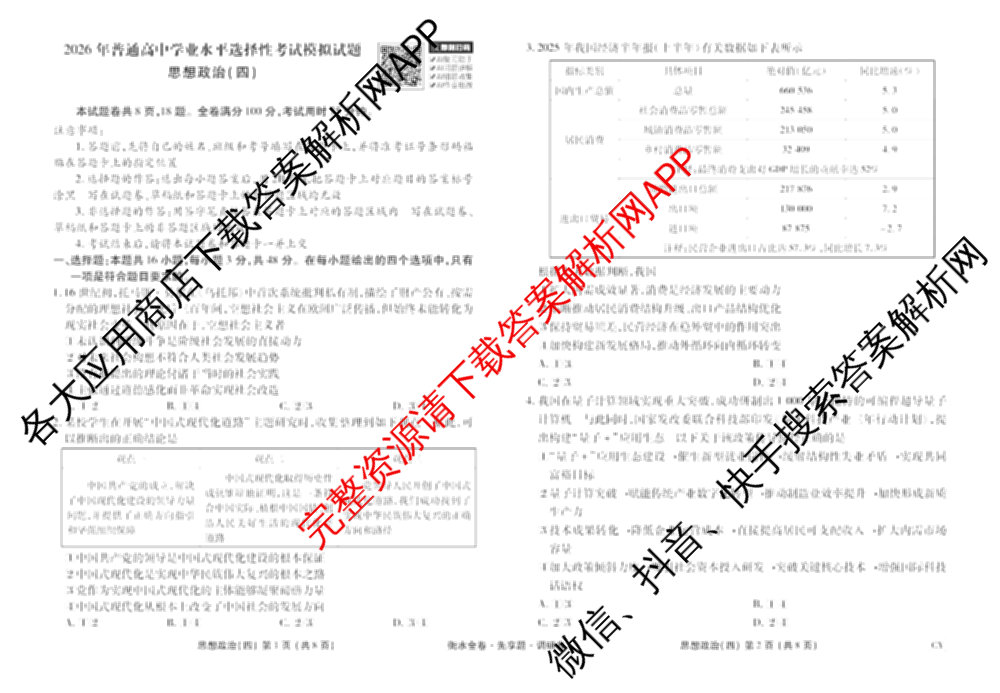 衡水金卷先享题调研卷2026年普通高等学校招生全国统一考试模拟试题(四)4(已更新生物(山东专版) 理综 历史(JS)等91份)政治试题