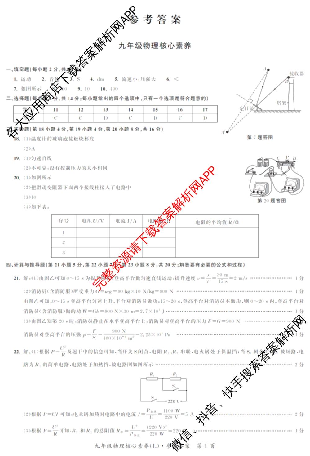 安徽省2025-2026同步达标自主练九年级第六次(L)[核心素养]试卷及答案汇总(已更新道德与法治 历史 物理等7份)物理答案