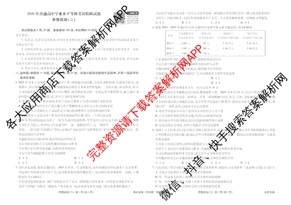 衡水金卷先享题调研卷2026年普通高等学校招生全国统一考试模拟试题(二)2试卷及答案汇总（91科全）政治试题