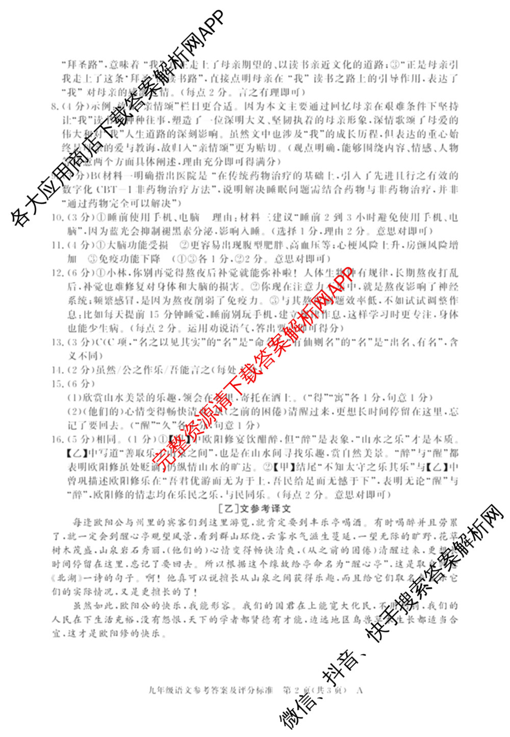 安徽省2025-2026学年九年级上学期期中教学质量调研A卷(无标题)(11.6-7)各科答案及试卷（14科全）语文答案