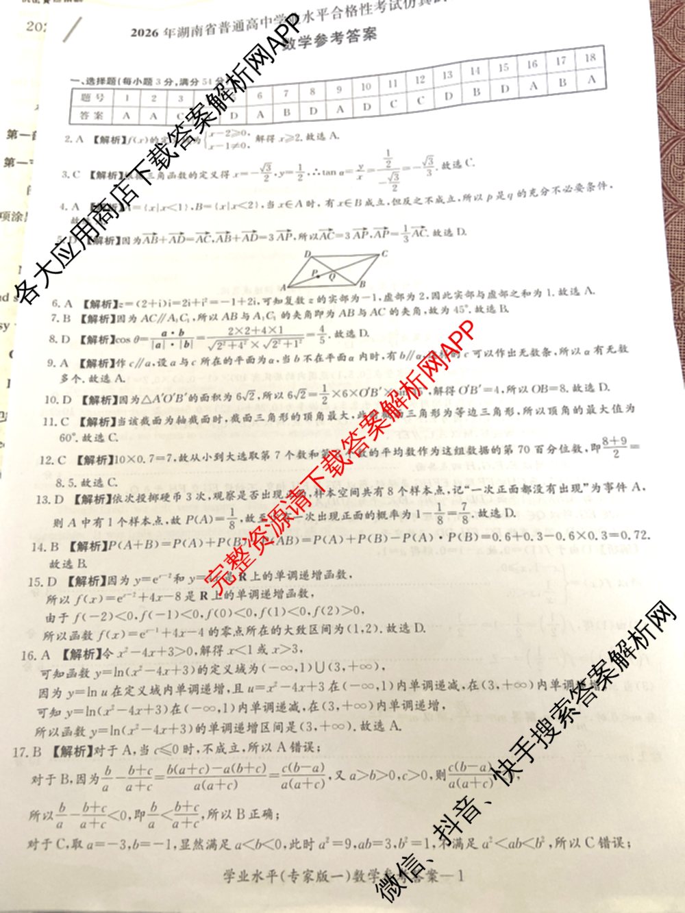 2026年湖南省普通高中学业水合格性考试仿真试卷(专家版一)（含生物、历史、语文等）数学答案