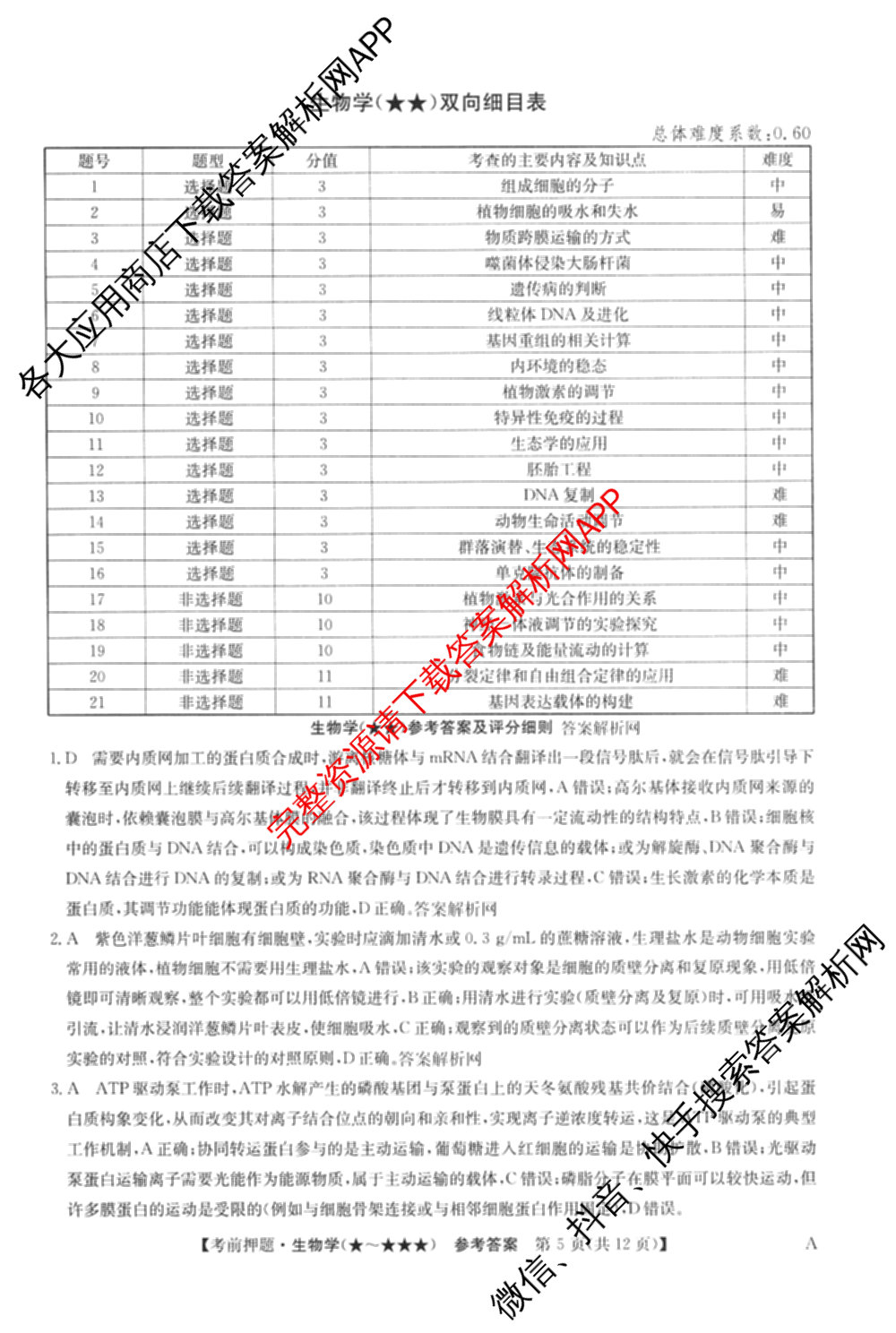 2026年高考名师解密临门演练(★★)试卷及答案汇总（9科全）生物答案